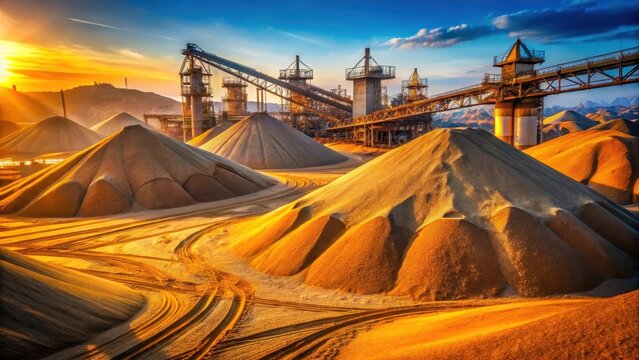 Towering mounds of rusthued gravel and golden sand sprawl across the deserted construction yard under dawns soft light