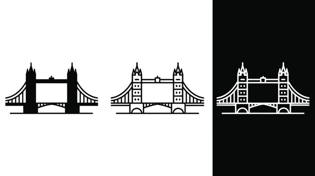 Tower Bridge icon set, London landmark symbols in outline and solid styles for travel, tourism, architecture, maps and destination branding.