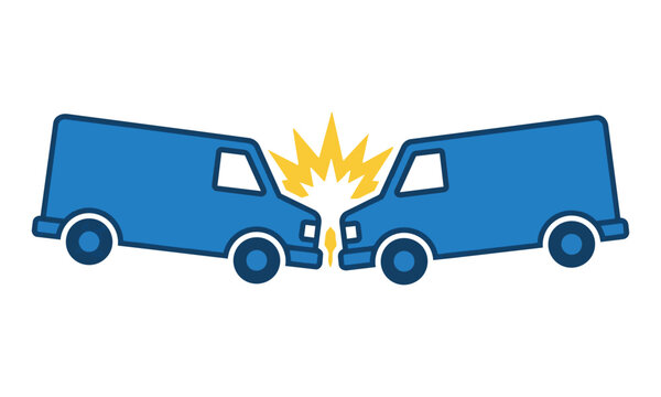 Minimalist icon of two delivery vans colliding with an abstract starburst effect representing a road accident concept