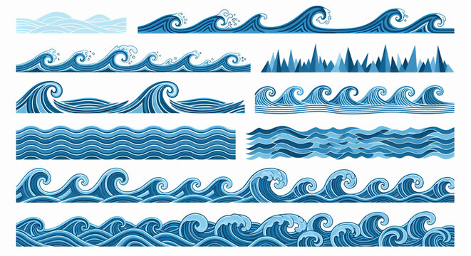 Blue Wave Patterns Set. Vector graphic design elements for ocean, sea, or water borders with various stylized ripples and crests.
