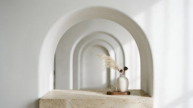 Minimalist Arched Entryways in Sterile Corridors. Curved Architectural Halls With Natural Light. White Stucco Texture Interior Decor.