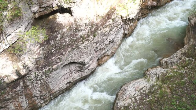 River Water Flowing Through Rocks Canyon Natural