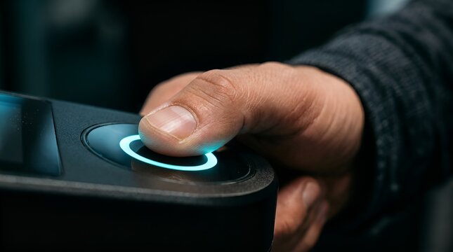 Fingerprint Reader Closeup, Digital Biometric Security Scanner, Hand Touching Blue LED Sensor, ID Verification Technology