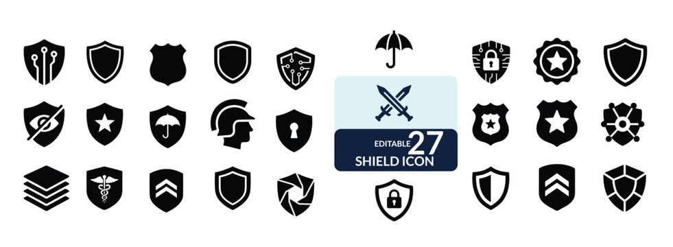 Collection of various black shield icons and heraldic emblems for logo design and security branding elements
