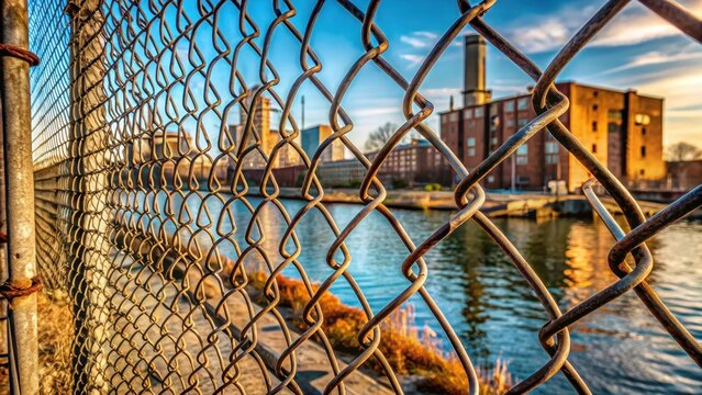 A weathered chain link fence stretches along a desolate industrial waterfront its mesh wires torn and tangled in disrepair