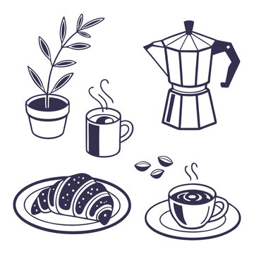 Black and white coffee and croissant set with stovetop moka pot