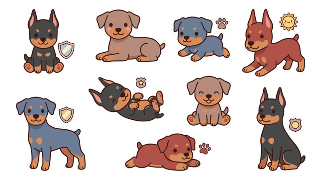 Set of cute rottweiler puppies in various poses, small playful dogs, adorable pets for stickers, games, social media, vibrant digital illustration