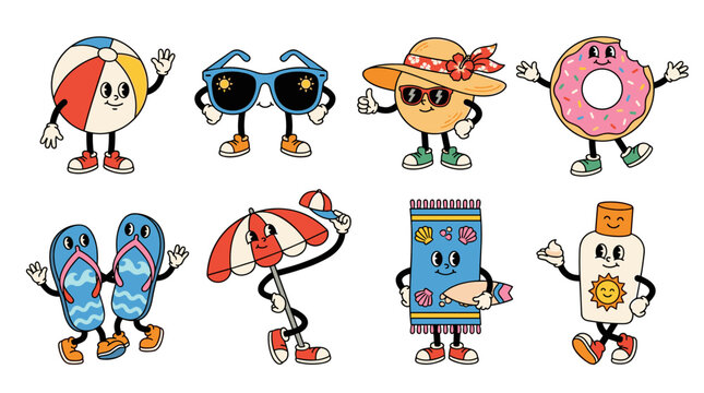 Set of retro vacation travel mascots featuring summer accessories with happy faces, beach holiday fun, sun and sand, vibrant vintage travel stickers