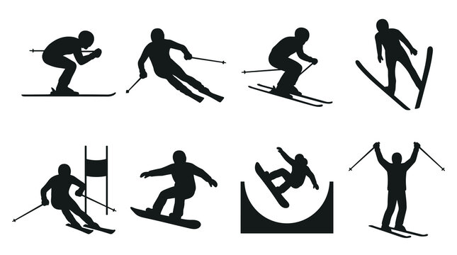 Collection of black silhouette icons representing various winter extreme sports like skiing and snowboarding, action poses, outdoor recreation