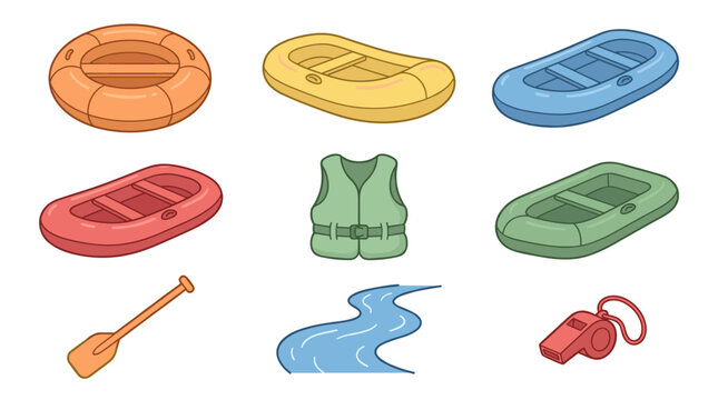 Set of inflatable rafts, life jacket, paddle, river stream, and safety whistle icons for water sports, summer outdoor adventure, recreation