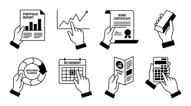 Collection of hand-drawn icons illustrating business and finance concepts, showing charts, graphs, contracts, and planning, ideal for presentations