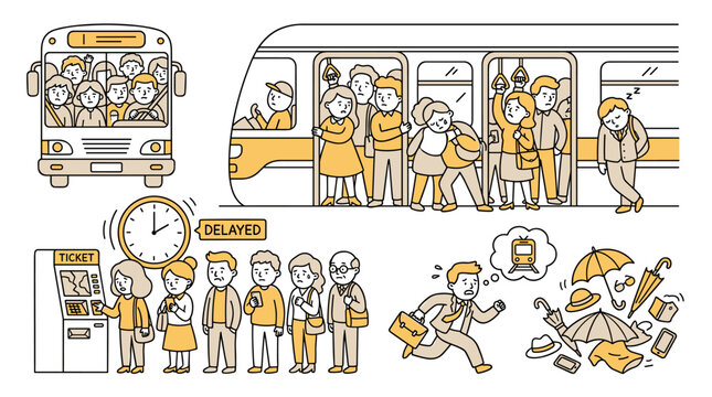 Vector illustration of crowded public transportation, commuters waiting at a delayed train station, and a hurried businessman juggling items