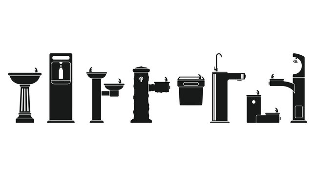 Set of black drinking fountain icons in flat silhouette style, public water hydration stations, urban infrastructure, park facilities and amenities