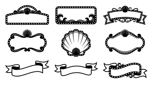 Set of vintage marquee frames and decorative borders, elegant scrollwork labels, nautical shell motif, classic Victorian ornament, retro design
