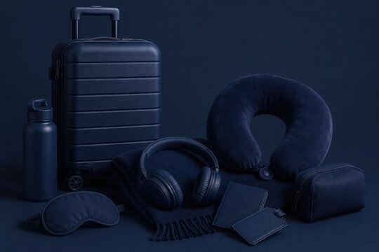 Monochrome dark blue travel concept with suitcase, neck pillow, headphones, and travel accessories.