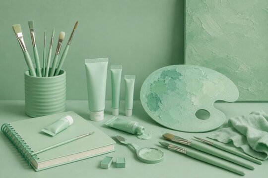 Monochrome mint green art station with paint tubes, palette, brushes, notebook, and ceramic jar.