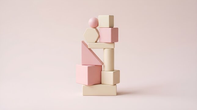 Abstract geometric shapes, 3d render style, pink and beige blocks, minimalist composition, cube prism sphere, matte texture, modern art background