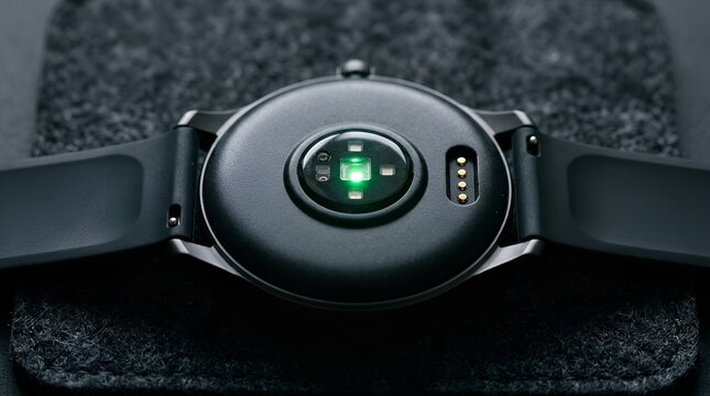 Smartwatch sensors on dark fabric. Green LED heart rate monitor. Circular activity tracker device. Wristband back view. Wearable technology. Electronics close up. Health monitoring.