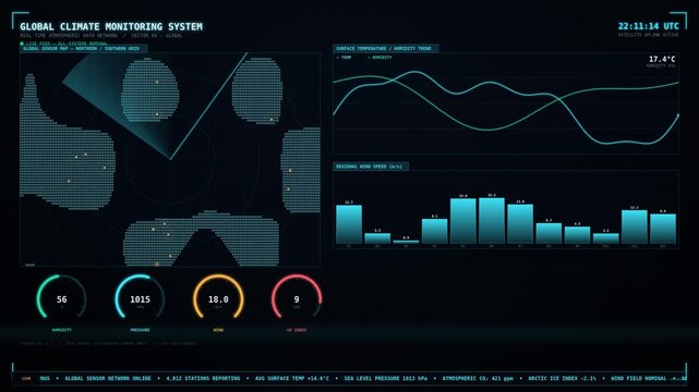 Futuristic digital dashboard interface displaying global climate monitoring data with charts graphs and atmospheric sensor readings