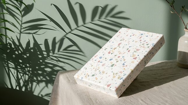 Minimalist terrazzo box, speckled stone texture, pastel interior decor, green plant shadow, modern table setting, speckled gift box