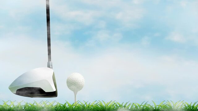 Golf Driver and Ball on Tee with Drifting Cloudy Sky Background