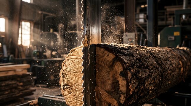 Heavy-duty band saw blade cutting through a large raw wooden log with flying sawdust in a sunlit sawmill for industrial timber production and woodworking concept