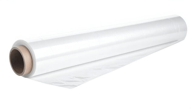 Roll of clear plastic stretch wrap film for packaging and protection on a white background