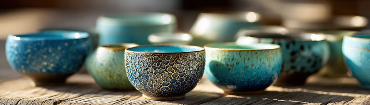 A close-up of various ceramic bowls with intricate blue and green crackled glaze patterns arranged on a textured surface.