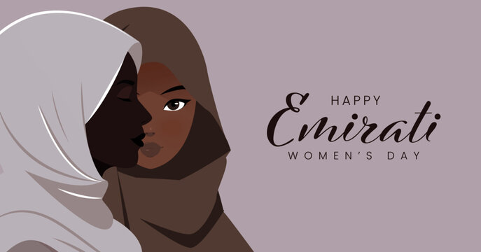 Happy Emirati Women's Day Banner with Two Diverse Women in Traditional Hijab Minimal Style Illustration