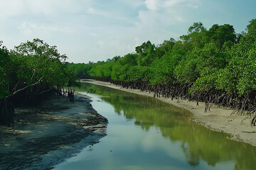Fototapeta premium Serene Mangrove Forest River Landscape with Lush Green Trees and Calm Water.