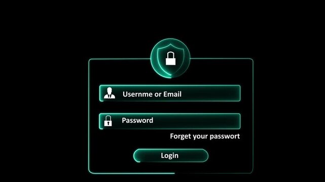 Neon blue glowing digital login form interface animation with username email input field and password box protected by secure padlock shield icon on dark black background for cyber security concept