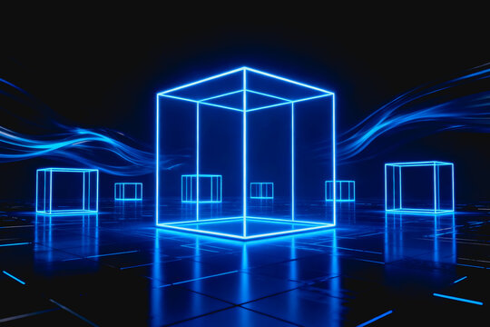 3D neon wireframe cubes with glowing lines in a dark digital virtual space, representing technology and data concepts.