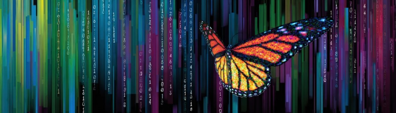 A vibrant monarch butterfly composed of digital code flies against a neon, matrix-style background of cascading numbers and colors.