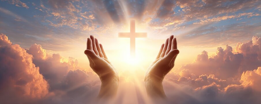 Hands raised in prayer towards a glowing cross amidst radiant clouds and a vibrant sunrise, symbolizing faith and divine connection.