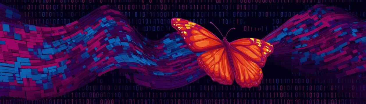 A vivid orange butterfly flies over a flowing wave of digital binary code in a futuristic, abstract tech-inspired scene.