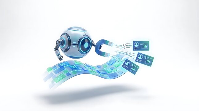 Spherical robot collecting data cards with magnetic arms