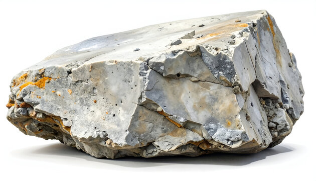 Rough grey and beige natural rock fragment with textured surface and sharp edges isolated