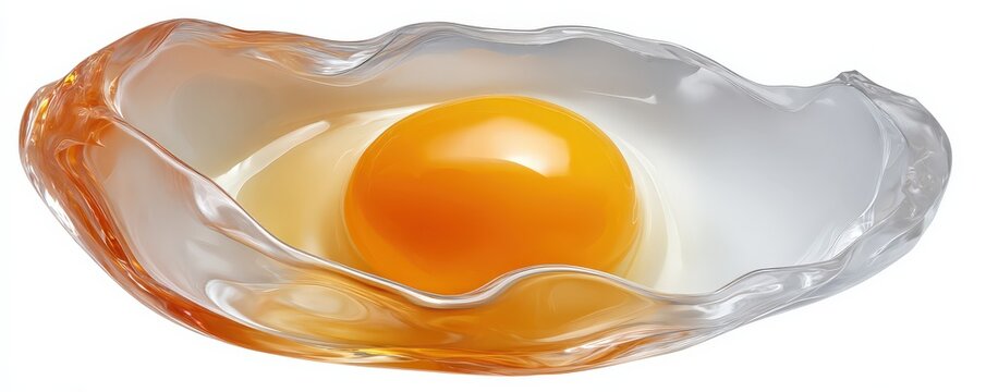 A raw egg with a bright yellow yolk and translucent egg white sits on a clear, wavy glass dish.