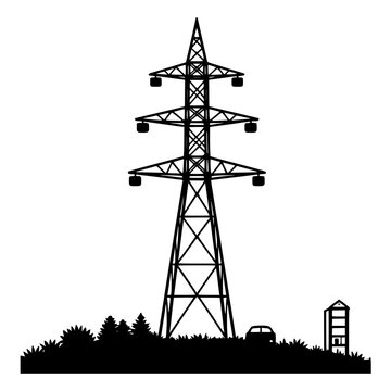 Silhouette of high-voltage transmission tower line - design for electric utility company logos, energy sector infographics, and industrial web banners. JPEG version.