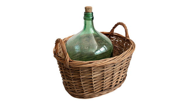 Old vintage glass carboy bottle inside wicker basket isolated on transparent background