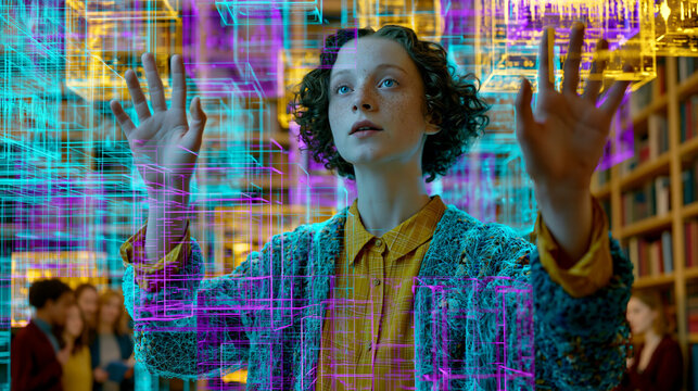 A hyperrealistic medium shot of a young woman with freckles interacting with vibrant, floating neon augmented reality data cubes in a library setting, representing tech learning.