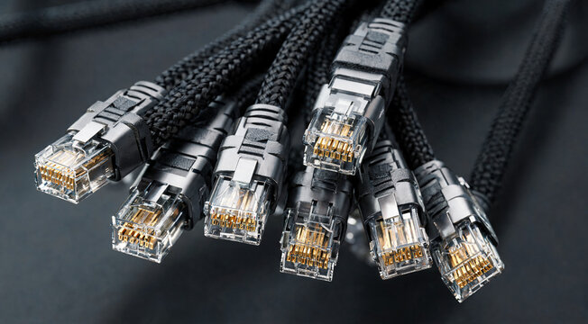 RJ45 Ethernet Network Cables Close Up on Black Background