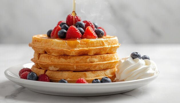 Stack of fresh waffles topped with mixed berries and whipped cream breakfast strawberries blueberries pancakes delicious homemade culinary restaurant colorful dripping stacking
