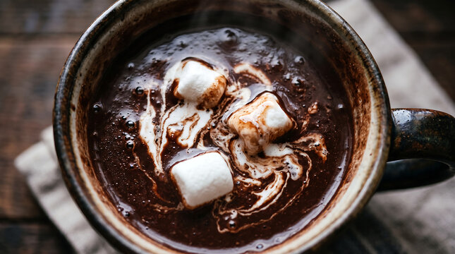 Rich Creamy Hot Chocolate Topped with Melting Marshmallows and Cocoa Swirls in Rustic Ceramic Mug Close-Up