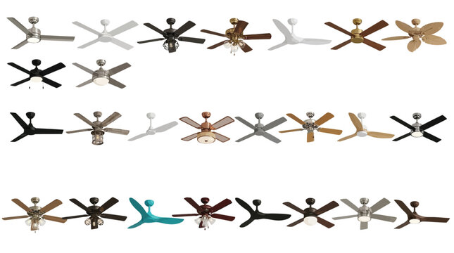 Multiple ceiling fan vector graphic designs showcasing diverse modern styles and various functional lighting equipment options