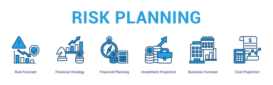Risk Planning web banner icon concept,  with Risk Forecast, Financial Strategy, Financial Planning, Investment Projection, Business Forecast, Cost Pr.