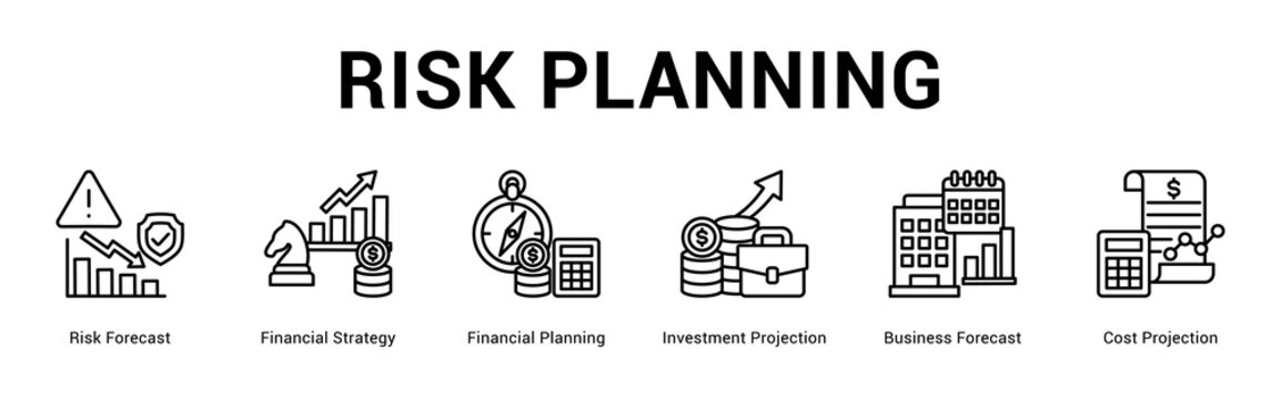Risk Planning web banner icon concept,  with Risk Forecast, Financial Strategy, Financial Planning, Investment Projection, Business Forecast, Cost Pr.