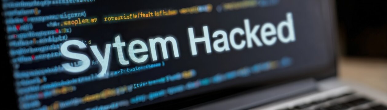 A computer screen displaying the phrase "System Hacked" amidst lines of code, indicating a cybersecurity breach.