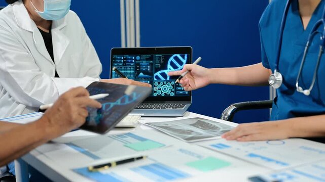 Asian medical team discusses virus research, vaccine development and infectious disease strategy using digital healthcare data during a clinical meeting.