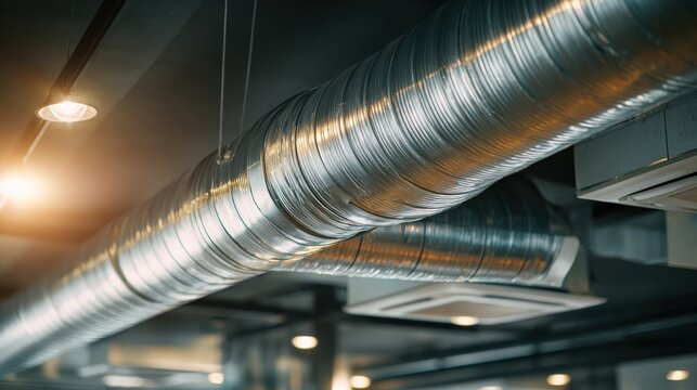 Industrial metal air ducts installed on a ceiling with modern lighting in an indoor commercial or industrial space.